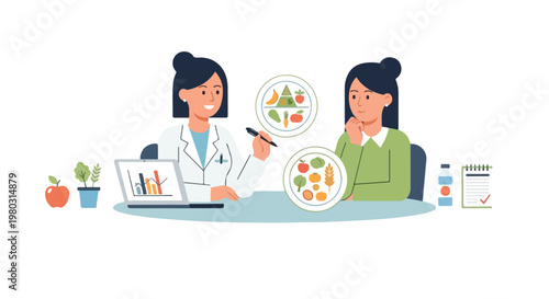A nutritionist in a white coat consults with a female patient about healthy eating habits using food diagrams and a laptop with charts.