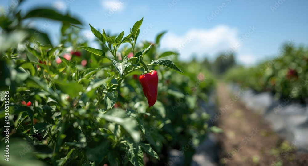 Naklejka premium Strong red pepper plant growing actively in open sunny farm field