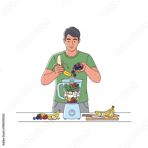 Man preparing smoothie with banana.