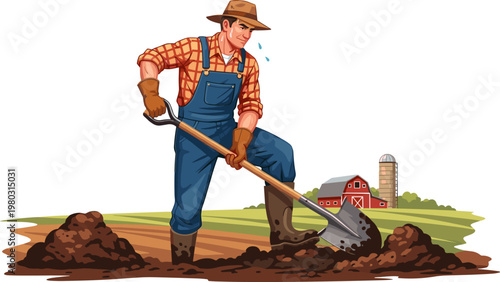 Farmer Digging Soil with Shovel in Farm Field, Agricultural Worker in Rural Landscape with Barn and Silo Background for Farm Life Illustrations