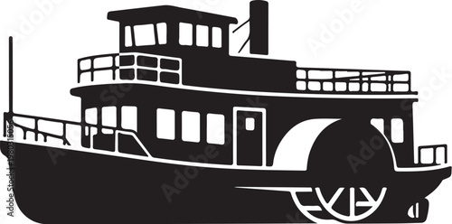 Vintage paddlewheel boat, steamship icon, black silhouette, vector illustration, nautical symbol