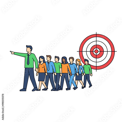 Businessman leading team to target goal.