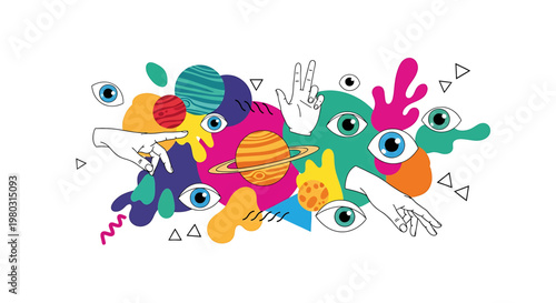 Colorful abstract shapes and eyes.