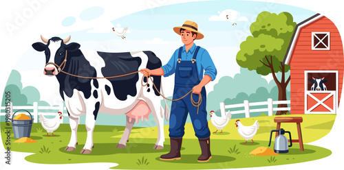 Farmer Milking Cow in Pasture with Barn and Chickens on Farm, Rural Agriculture Scene