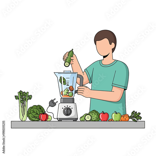Man preparing healthy smoothie with blender.