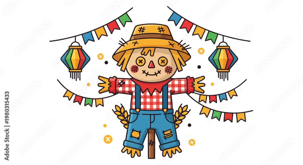 Fototapeta premium Cute Scarecrow Character with Festive Bunting and Lanterns, Autumn Celebration
