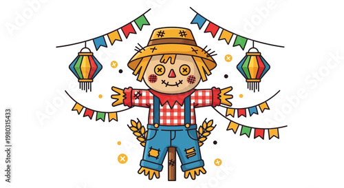 Cute Scarecrow Character with Festive Bunting and Lanterns, Autumn Celebration