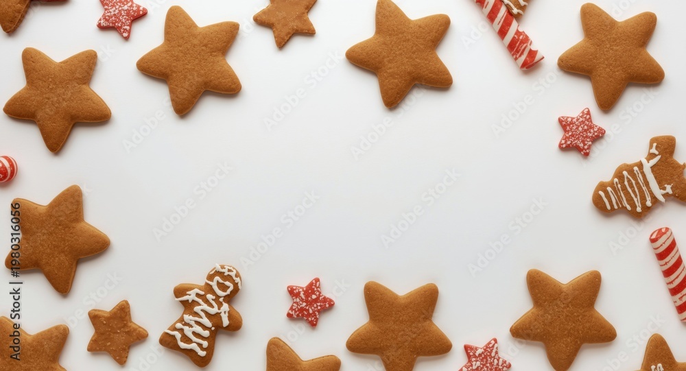 Fototapeta premium White background showcasing gingerbread stars people angels and candy shapes