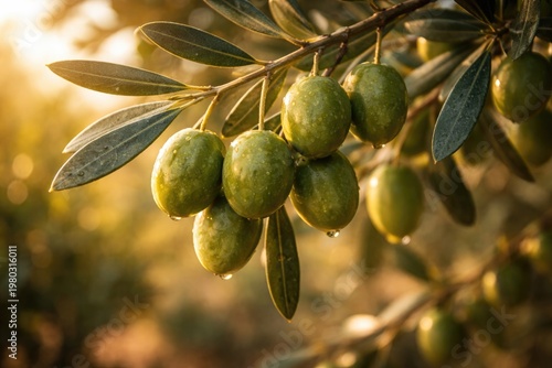 Close up of fresh green olives on a tree branch with a soft golden evening light and blurred natural backdrop