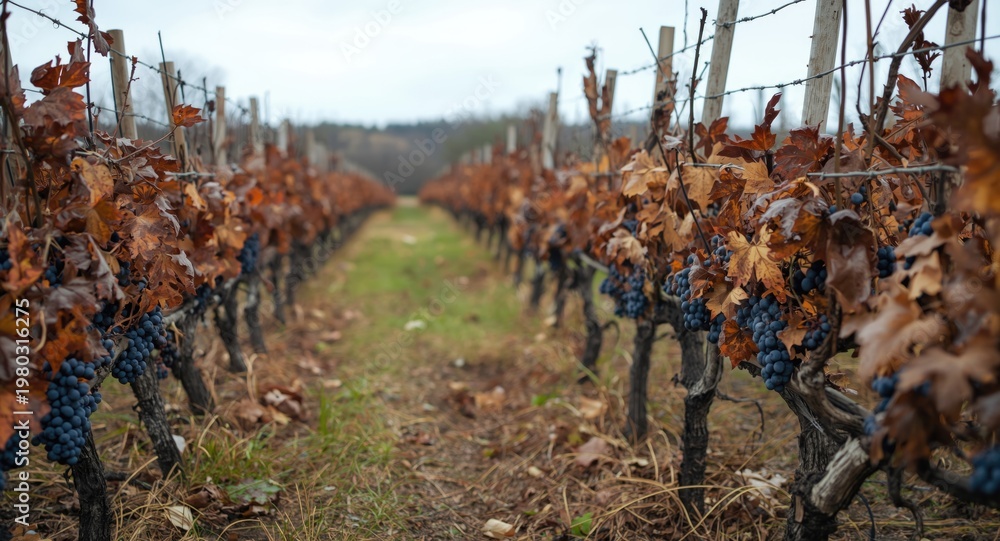 Naklejka premium Vineyard scene of neglected blue grapes desolate after winter cold