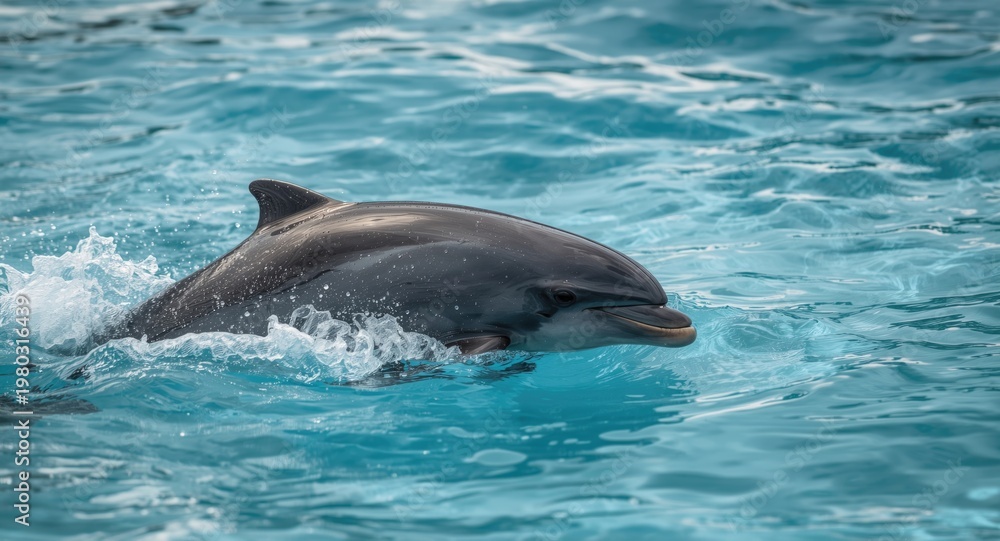 Fototapeta premium Excited dolphin pet demonstrating full length leap through crystalline blue water
