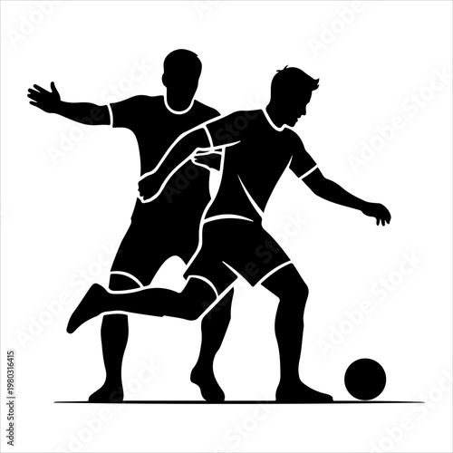 Two male soccer players in action one dribbling the ball and another defending.