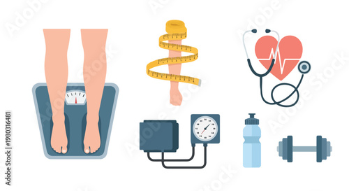 This vector illustration features various healthcare and fitness icons, including a scale, measuring tape, blood pressure monitor, and exercise gear.