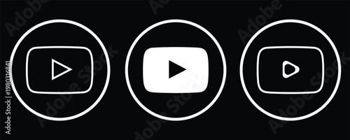 Minimalist social media video player icons set featuring white outline and solid play buttons inside circles on black background