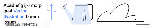 Sustainability, gardening, environmental care, growth, eco-friendly practices, minimal design. A watering can with upward arrows next to a minimalist cloud drawing. Gardening and sustainability
