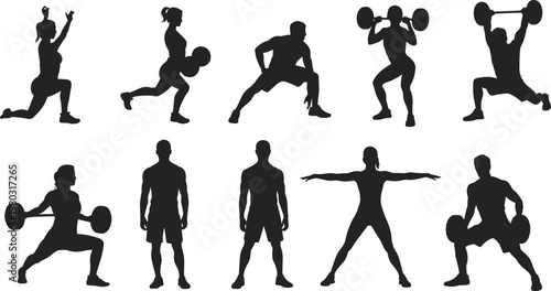 Fitness exercise silhouette poses collection, workout vector illustration, strength training flat vector design