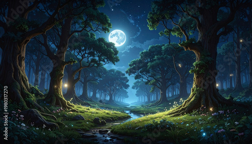 Enchanted forest at night under moonlight