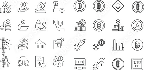 Cryptocurrency finance line icons set, bitcoin blockchain digital payment, monoline outline vector, fintech trading wallet banking infographic app design pack