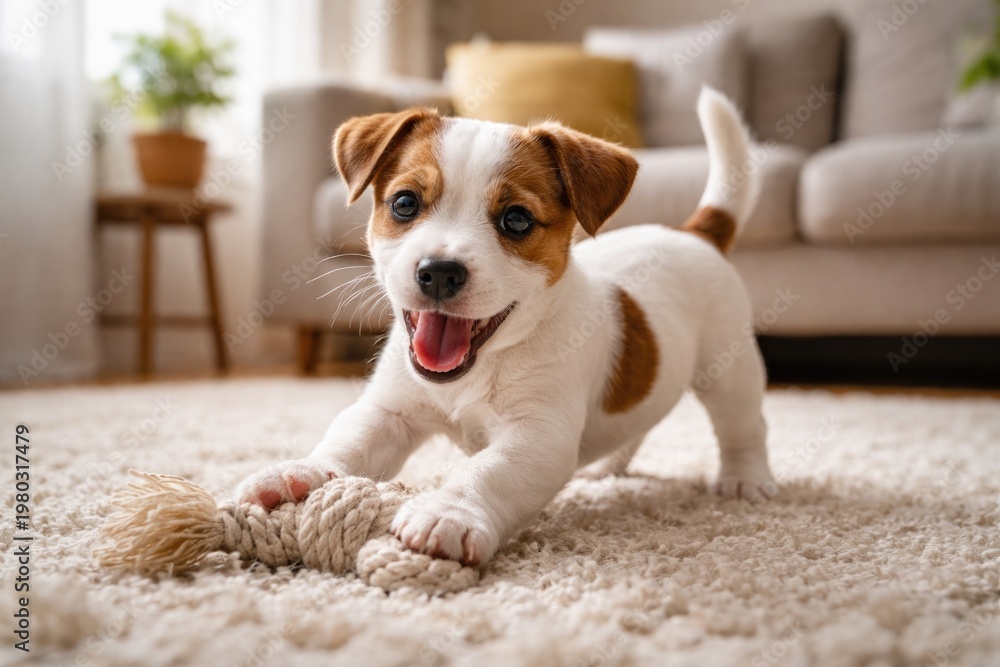 Obraz premium Joyful Jack Russell Terrier puppy playing on soft carpet in bright living room