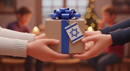 Hands exchanging gift with Israeli flag.