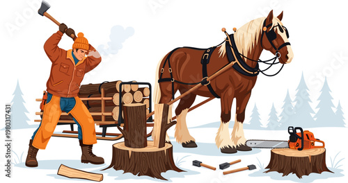 Lumberjack Chopping Wood with Axe in Winter Forest, Horse and Logging Equipment, Timber Cutting with Chainsaw for Rural Forestry Illustrations