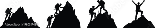 Mountain climber silhouette poses collection, teamwork vector illustration, adventure sports flat vector design