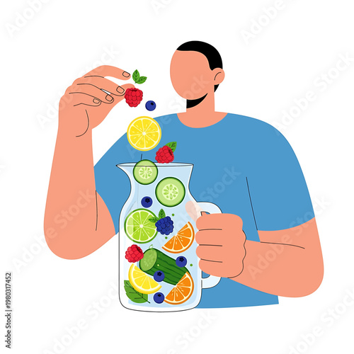 Man holding pitcher of fruit infused water.