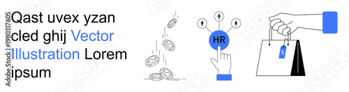 HR recruitment, e-commerce, finances, technology integration, digital transactions, teamwork. Minimal icons of coins, HR selection and shopping bags. HR recruitment and e-commerce visuals