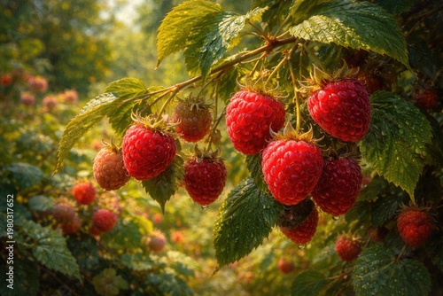 Detailed oil painting of ripe raspberries growing organically in a summer garden with vibrant colors and selective focus
