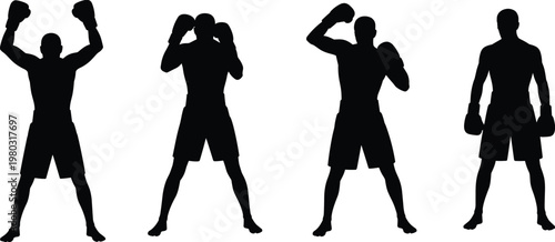 Boxer silhouette poses collection, boxing vector illustration, sports fitness flat vector design