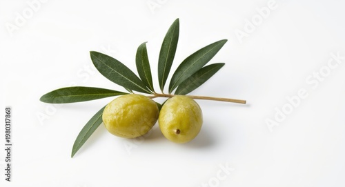 Three fresh green olives with leaves on a clean white background