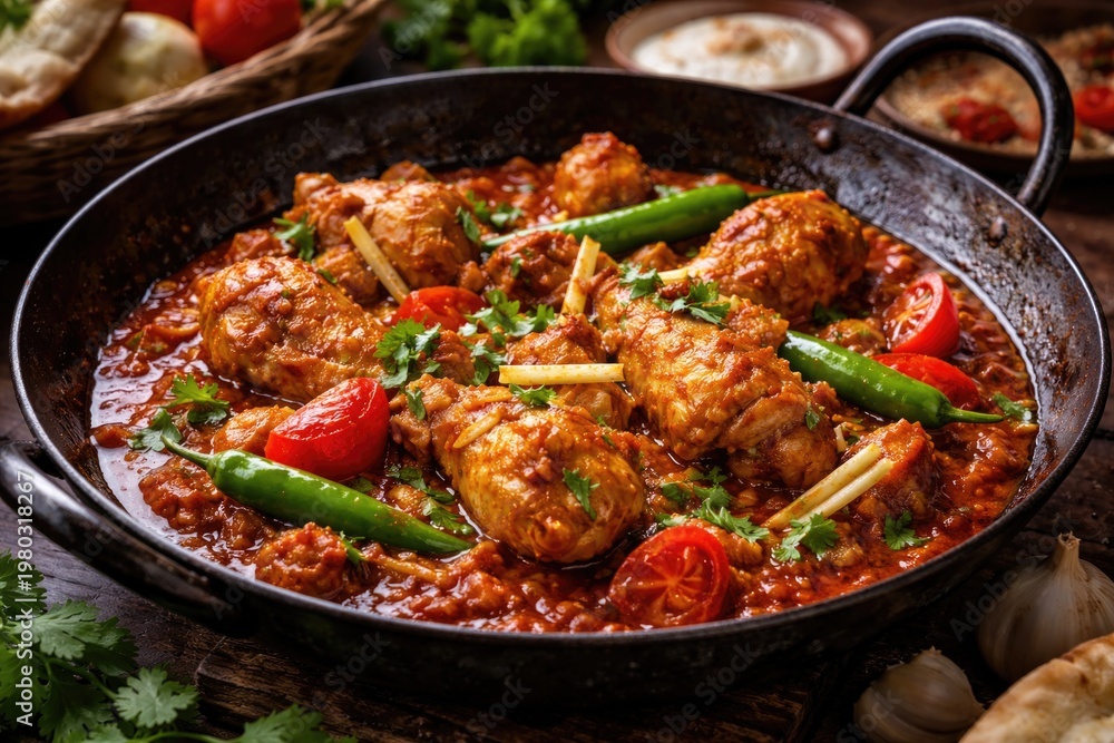 Fototapeta premium Popular spicy chicken karahi recipe with traditional Pakistani flavors