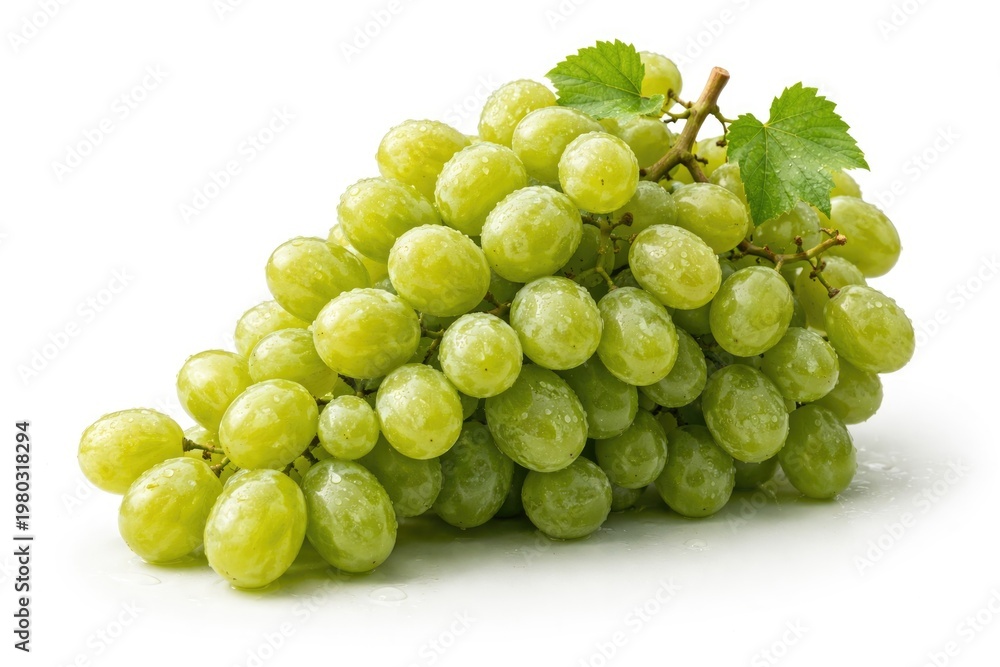 Fototapeta premium Fresh green grapes cluster isolated on a clean white background highlighting diverse shapes and sizes for culinary design