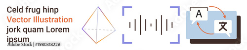 Language translation, audio technology, digital communication, geometric studies, AI solutions, education tools. symbols for voice recognition, translation and geometry. Digital communication