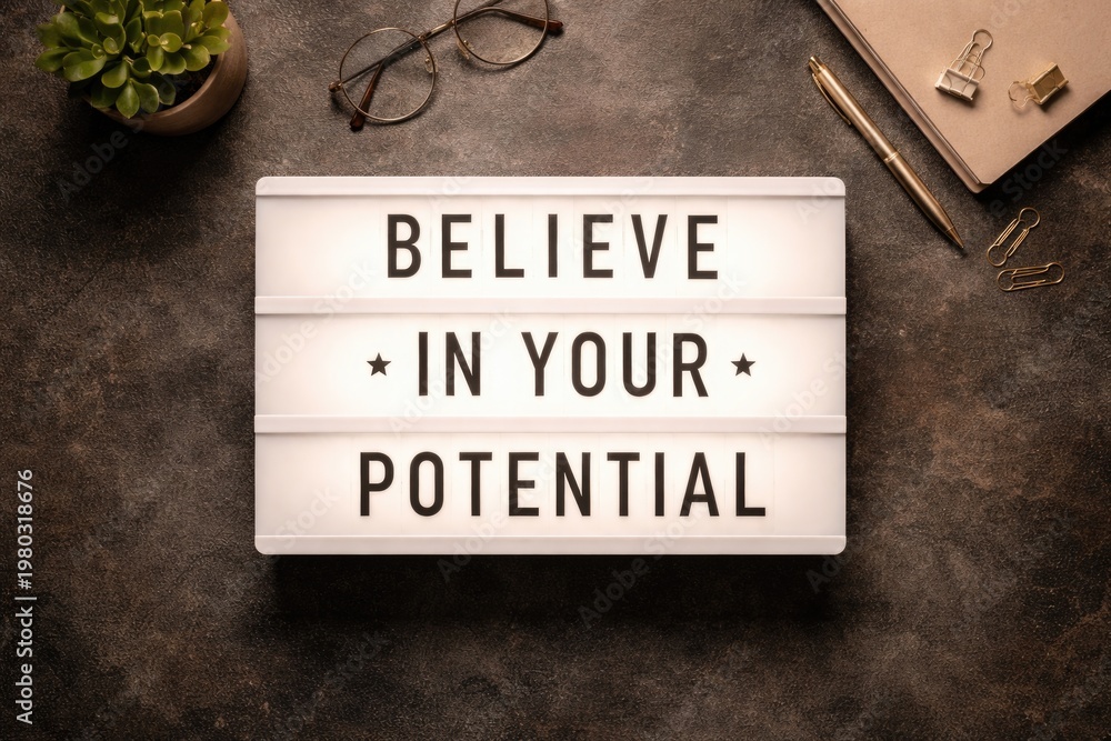 Obraz premium Top view of a lightbox with Believe in your potential message and copy space