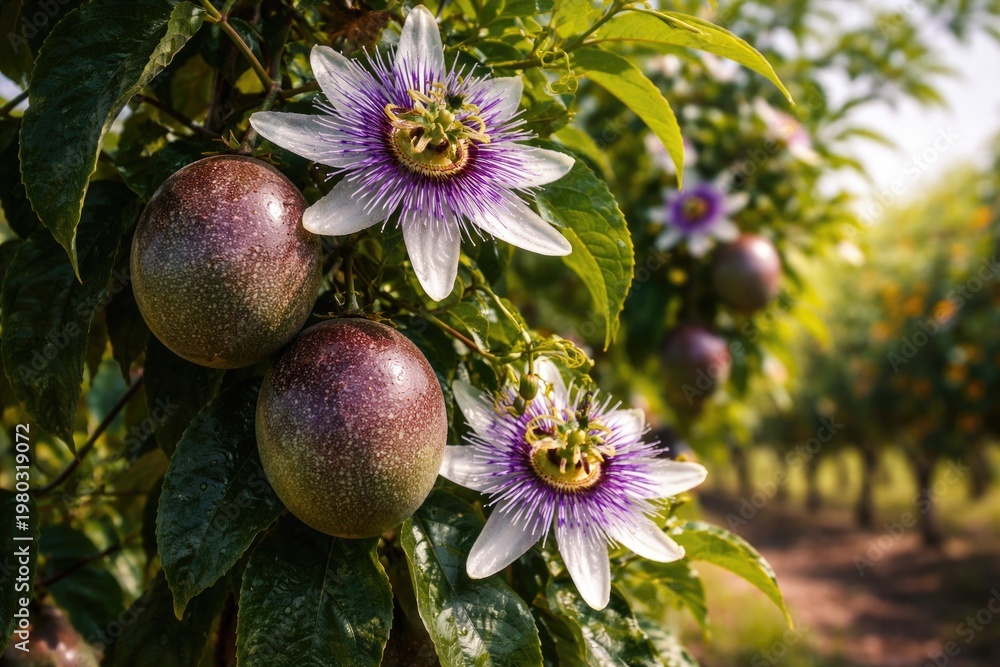 Fototapeta premium Detailed close-up of a thriving passion fruit vine with ripe fruits and vibrant flowers in a sunny orchard