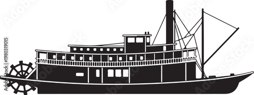Vintage Steamboat, Black and White Illustration, Riverboat, Sidewheel Paddle Steamer