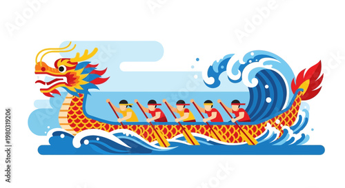 Dragon Boat Race with Paddlers, Colorful Dragon Head, Waves, and Blue Sky