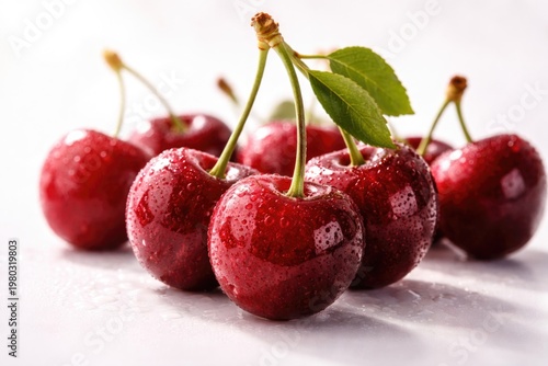 Close up of ripe Stella cherries backlit on a white backdrop with copy space