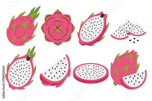 Dragon fruit vector illustration set with whole and sliced pitaya isolated on white background.