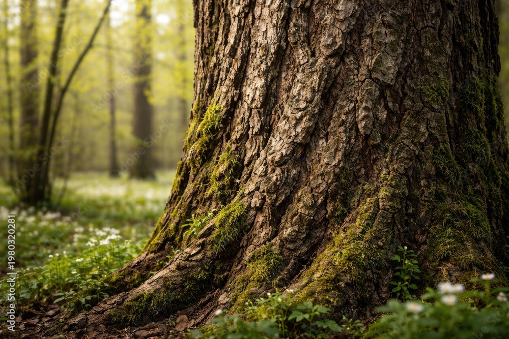 Obraz premium Close up view of a tree trunk texture in a serene early spring woodland