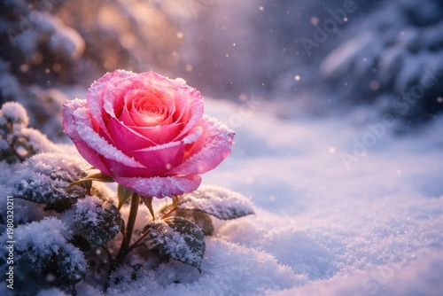 Bright rose flower glowing with snow covered backdrop and copy space