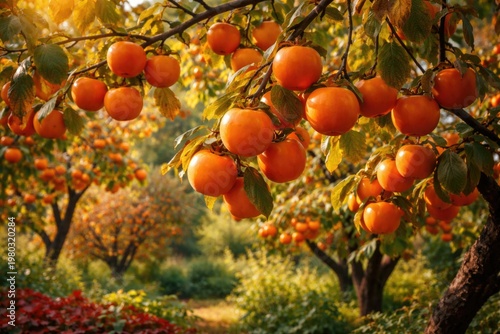 Ripe persimmons hanging on branches in a flourishing garden with vibrant foliage