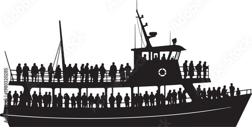 Silhouette boat, people on deck, crowd of passengers, ferry illustration, black vector graphic