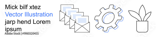 Business operations, technology processes, communication, office tools, email systems, productivity. Envelopes, gear cog and potted plant. Business operations and technology processes concept