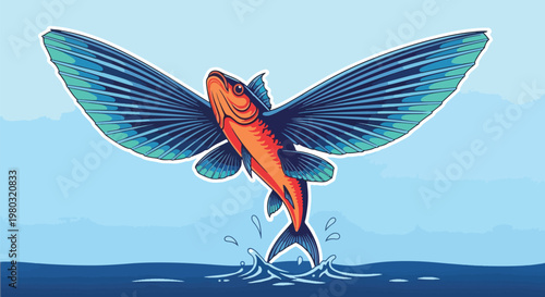 Pixel Art Flying Fish Leaping From Blue Ocean Over Light Sky Isolated Vector