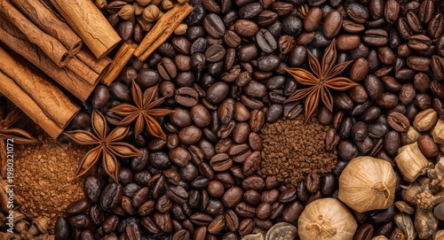 Top down view of selected spices cinnamon sticks vanilla pods coffee beans star anise and nutmeg arranged flat for display