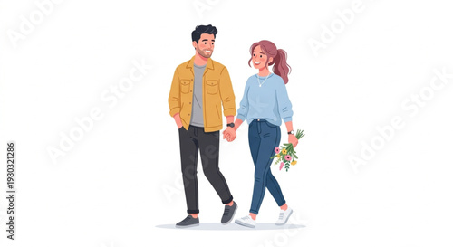 Happy Young Couple Walking Together Holding Hands and Flowers Vector Illustration