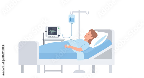 This vector illustration shows a woman resting in a hospital bed equipped with an intravenous drip and a cardiac monitoring system.