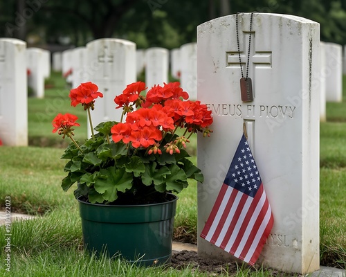 Gravestone with American flag and red geraniums cemetery military